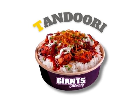Tandoori dish in purple Giants Crunchy container with red sauce, topped with crispy garnish and spices