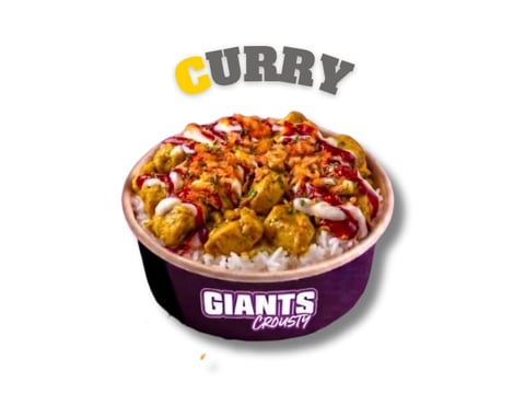Curry dish in purple Giants Crunchy bowl with rice, featuring chickpeas and red sauce