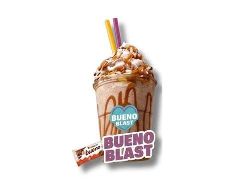 Bueno Blast frozen chocolate drink with whipped cream topping and colorful straw