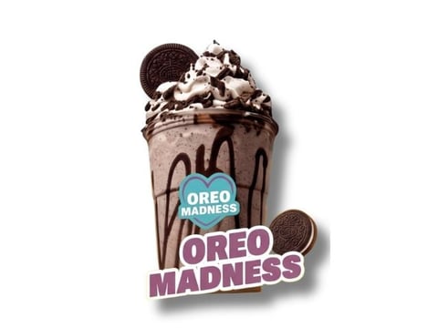 Oreo Madness featuring a large chocolate milkshake with whipped cream and cookie pieces topped with an Oreo cookie