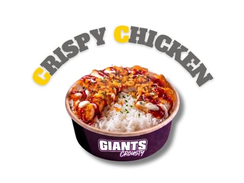 Bowl of crispy chicken over rice in a Giants brand container with logo text above