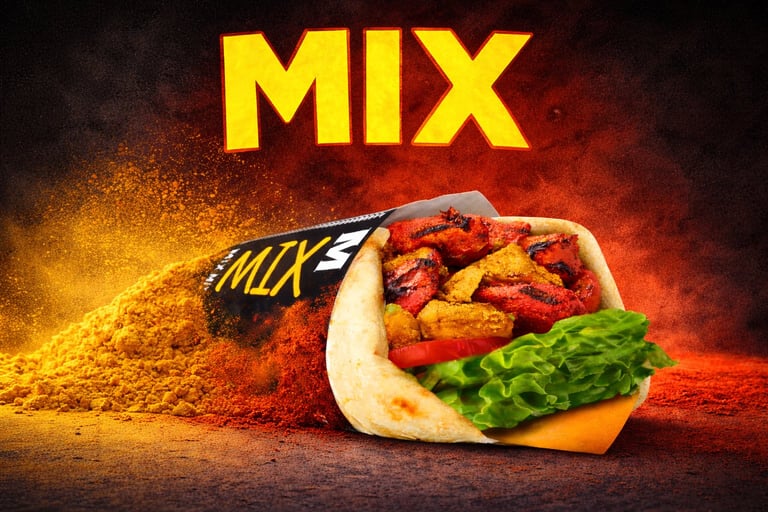 A loaded hot dog with toppings and MIX branding, surrounded by fiery orange and red explosive effects on dark background