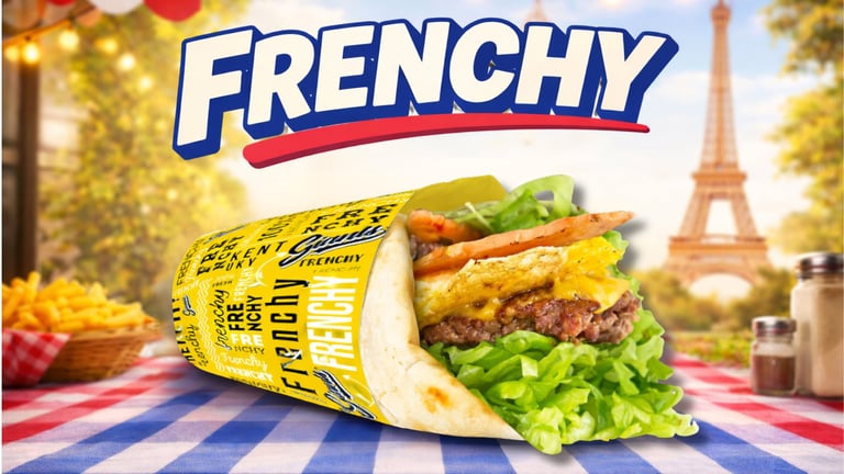 Frenchy sandwich wrapped in yellow paper with lettuce and meat inside, Eiffel Tower backdrop, blue and red Frenchy logo