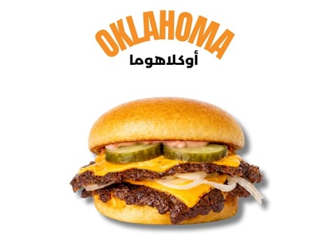 Oklahoma restaurant logo with double cheeseburger featuring two beef patties, melted cheese, and pickles on a toasted bun