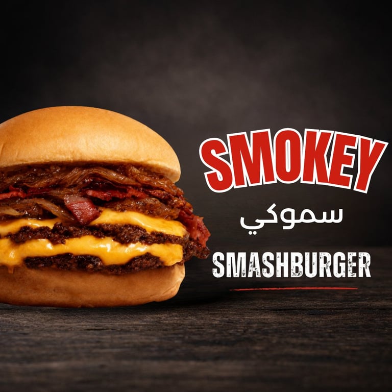 Smokey Smashburger with crispy bacon, melted cheese, and toasted bun on dark background